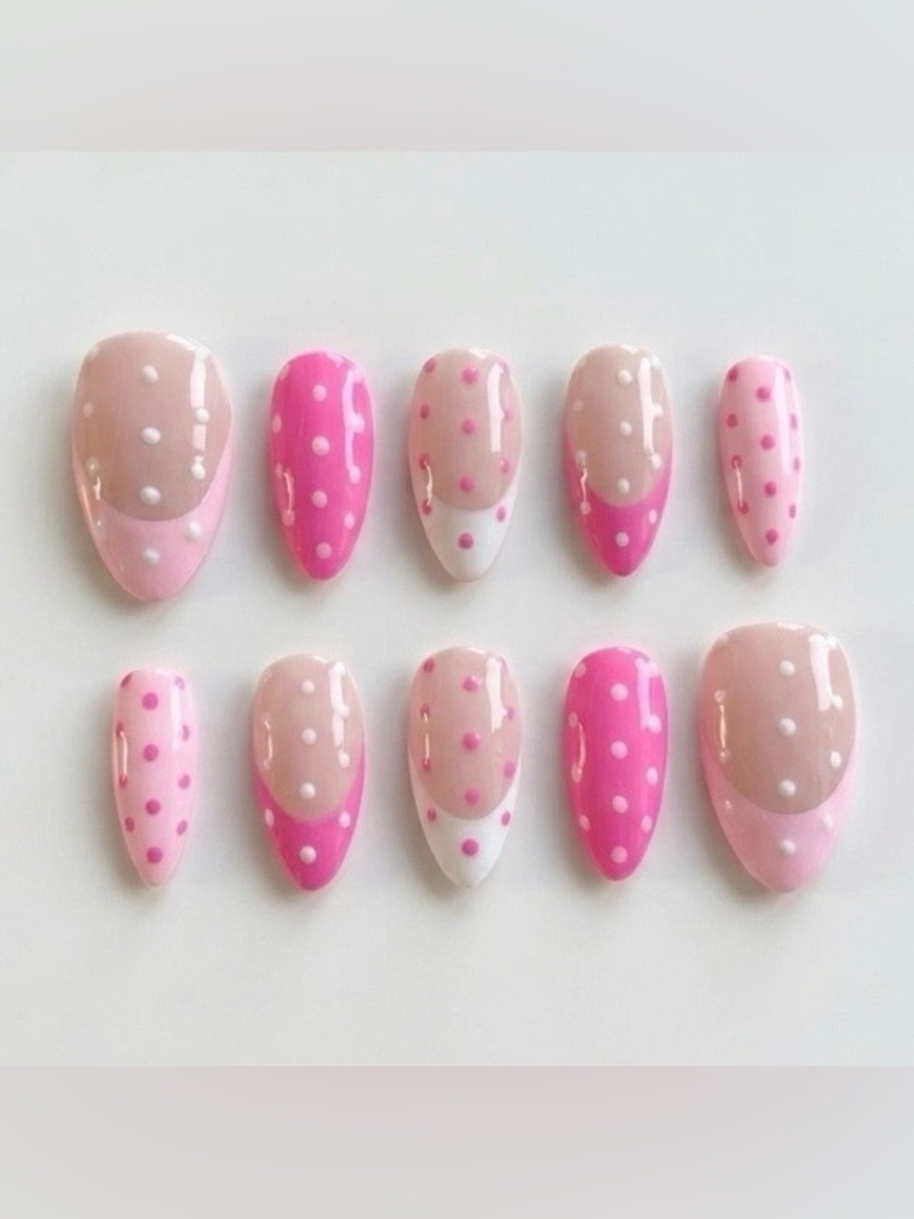 Handmade Press-On Nails - Pink Polka Dot French Tips